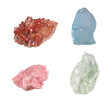 Vanadinite, rhodonite, prasiolite green quartz and topaz mineral stones isolated on white background. Mineralogy stones gem concept.