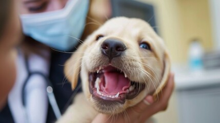 Poster - An adorable puppy receiving a thorough dental check-up from a smiling vet, emphasizing the importance of oral health for pets.