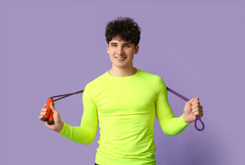 Poster - Sporty guy with jumping rope on lilac background