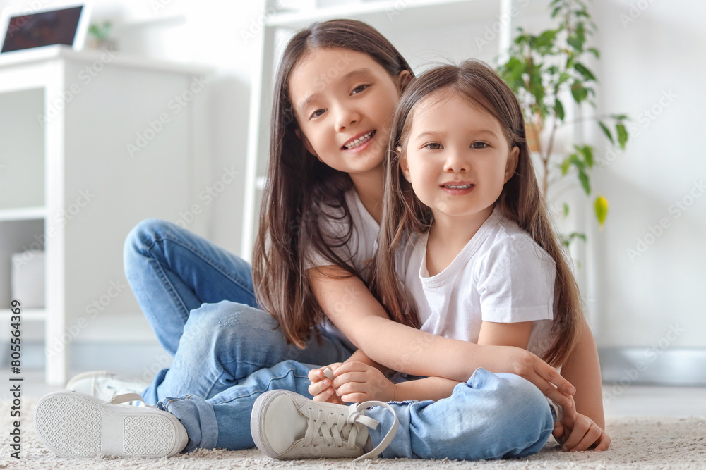 Cute little Asian happy sisters hugging on floor at home