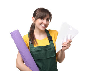 Poster - Beautiful woman with wallpaper roll and spatula on white background