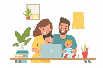 Portrait of young couple with a baby at home, using laptop. Father is trying to work from home, Generative AI