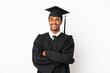 African American university graduate man over isolated white background keeping the arms crossed in frontal position