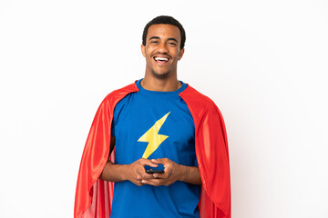 Poster - African American Super Hero man over isolated white background surprised and sending a message