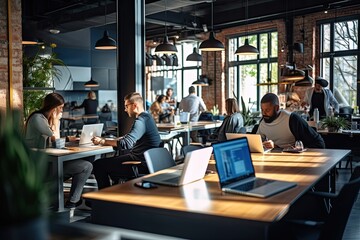 Poster - Modern office space with multiple people working at individual tables on laptops, in a room with large windows and industrial style decor.