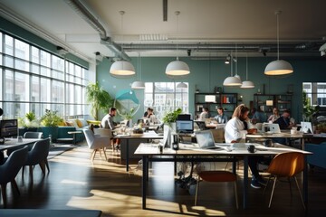Poster - Modern office space with multiple people working at individual tables on laptops, in a room with large windows and industrial style decor.