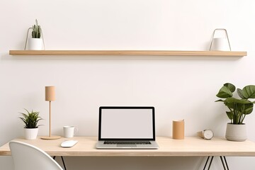 Poster - A minimalist workspace featuring a laptop with a black screen, a desk lamp, a vase with white flowers, books, and stationery on a wooden desk against a light beige wall.