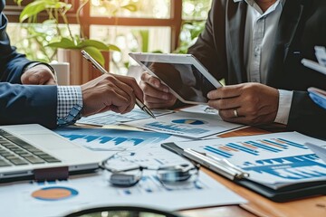 Poster - Two people sitting at a table reviewing colorful business charts and graphs, with one using a laptop and the other taking notes with a pencil.