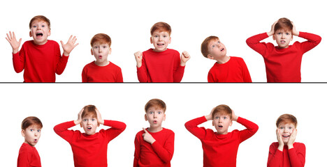 Wall Mural - Surprised boy on white background, collage of photos