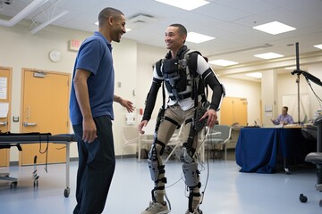 Aufkleber - A young man wearing an advanced robotic exoskeleton in an indoor public space, interacting with another man.