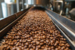 Conveyor belt with roasted beans - detail from coffee producing factory. Generative AI