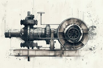 Wall Mural - Detailed drawing of a mechanical engine on a wall, suitable for industrial concepts