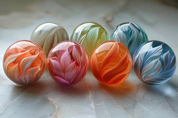 Poster - A collection of glass marbles with vibrant swirl patterns and a reflective surface arranged on a table