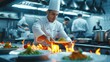 Photo of chef working and using wok stirring vegetables. Cook in uniform cooking food by holding wok with fire at modern kitchen. Close up of asian chef hand cooking and burning meat with fire. AIG42.