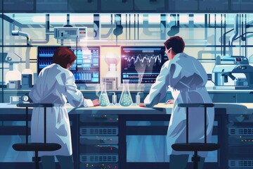 Poster - A couple of people working in a laboratory. Suitable for science or research concepts