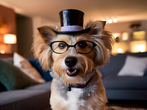 Perro usando lentes y sombrero