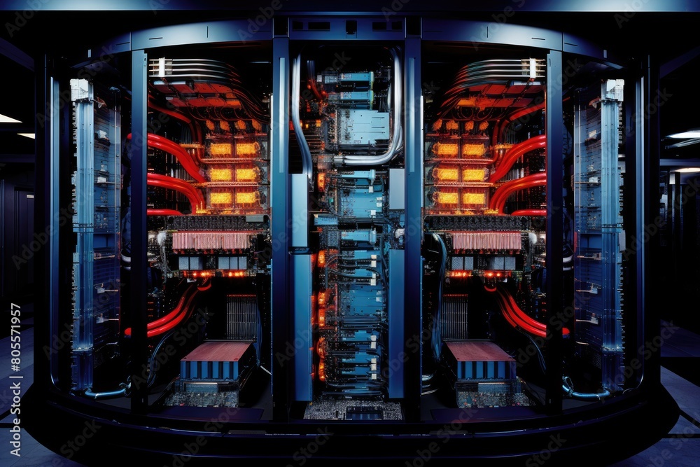 Interior of a modern data center showing a series of server racks lined ...