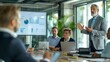 © yj - a middle-aged business man presenting his colleagues in the board room. a confident boss standing up speaking while the team sits around the table listening intently. generative AI