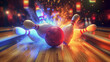 A bowling ball crashing into the pins on an indoor wooden surface, creating colorful energy and motion