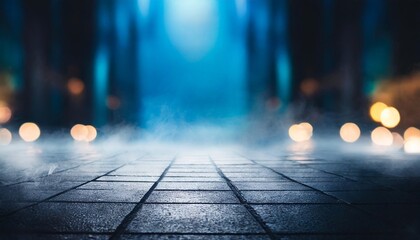 Poster - texture of a dark concrete floor with fog or mist set against a dark street backdrop with neon lights