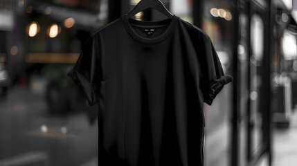 Wall Mural - Black T-Shirt on Display Outside an Urban Boutique, black shirt template