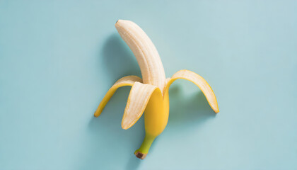 Wall Mural - Top view photo of one peeled ripe banana in the middle on isolated pastel blue background