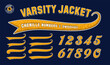 A collection of swooshes and numbers in collegiate varsity style, similar to chenille letters that are sewn on to letterman jackets.