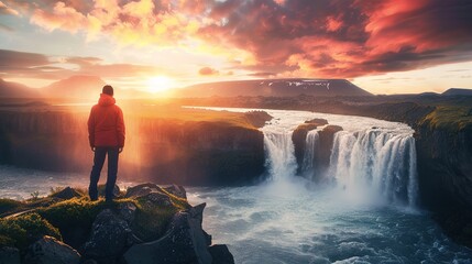majestic landscape of godafoss waterfall flowing with colorful sunset sky and male tourist standing 