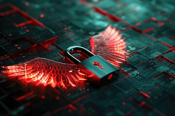Poster - Lock with wings on a circuit board, suitable for technology concepts
