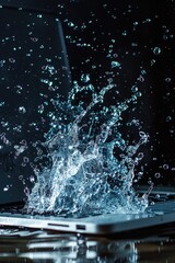 Poster - A laptop computer with a splash of water on the screen. Suitable for technology and water damage concepts