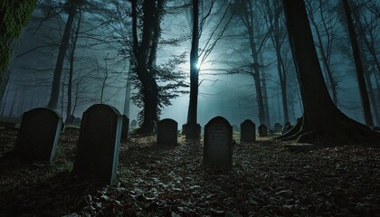 Wall Mural - graveyard in spooky death forest at halloween night