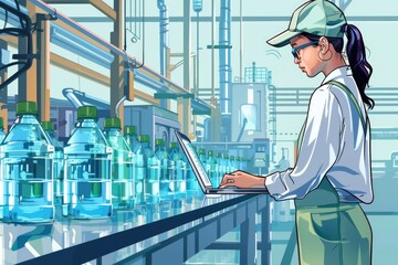 Wall Mural - A woman working on a laptop in a factory. Suitable for industrial and technology concepts