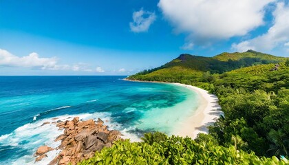 Wall Mural - aerial view of la digue beach a beautiful tropical beach along the coastline in la digue and inner islands seychelles