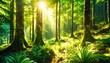 a picturesque forest with fresh greenery in the morning sunlight