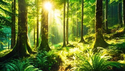 Wall Mural - a picturesque forest with fresh greenery in the morning sunlight