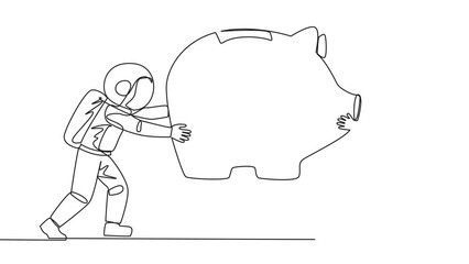 Poster - animation of single line drawing two selfish astronaut fighting over big piggy bank. arguing and eac