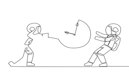 Poster - Animated self drawing of continuous line drawing two emotional astronaut fighting over the big alarm clock. The concept of fighting for rare items for prestige. Full length single line animation