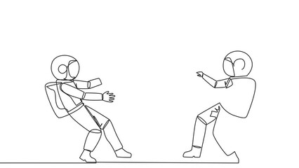 Poster - Animated self drawing of continuous line drawing two angry astronaut fighting over trophy. There are no co-champions. The two cosmonauts are required to contest. Full length single line animation
