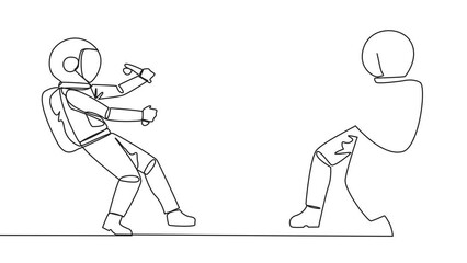 Poster - self drawing animation of continuous line drawing two emotional astronaut fighting over office chair