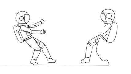 Poster - Animation of single line drawing two angry astronaut fighting over the hourglass. Ask each other for additional time to send the company profile. Aggressive. Cosmic. Full length motion