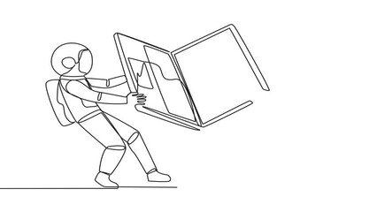 Poster - Animation of single one line drawing two emotional astronaut fighting over the laptop. Fighting for information about very good area. Continuous line self drawing animated. Full length motion