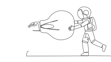 Poster - self drawing animation of continuous line drawing two angry astronaut fighting over lightbulb. both 