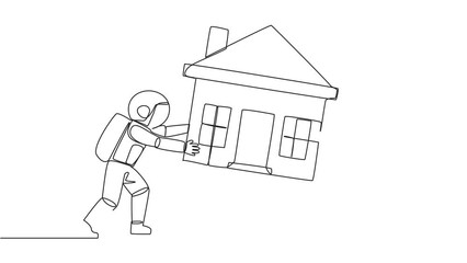 Poster - Animation of one line drawing two emotional astronaut fighting over miniature house. Concept of fighting for luxurious house that they really want. RIval. Cosmic. Full length motion