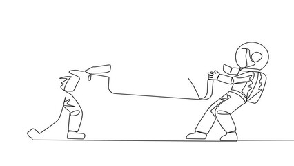 Poster - Animation of continuous line drawing two aggressive astronaut fighting over the briefcase. Fight over the client data contained in the bag. Astronaut attack. Cosmic. Full length motion
