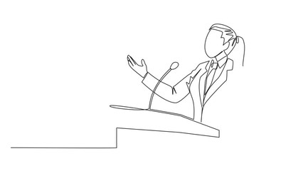 Poster - Animated self drawing of continuous one line drawing businesswoman speaking at podium while opening hands. Explain history of the company to become a multinational. Full length single line animation