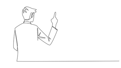 Poster - Animated self drawing single one line drawing from back view businessman speak at podium while lifting index finger. Businessman in Conference Hall present business. Full length single line animation
