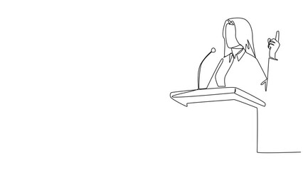 Poster - Animation of one line drawing of single continuous line drawing young businesswoman speaking at the podium while giving gesture of lifting one finger up. Inspirational speech. Full length motion