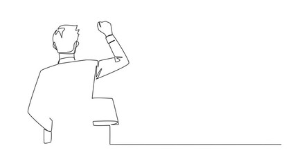 Poster - Animation of one line drawing of continuous one line drawing rear view of a businessman speaking at the podium. Raising and clenching hands, he gave financial gain oration. Full length motion