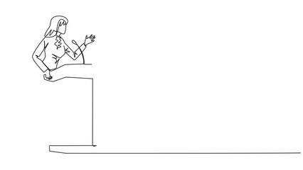 Poster - Animated self drawing of continuous one line drawing businesswoman speech standing behind podium. Inviting to everyone to be more concerned with natural condition. Full length single line animation