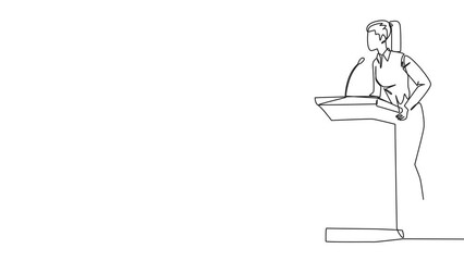 Poster - Self drawing animation of single one line drawing young businesswoman speech standing behind the podium. Give oration that women can be more independent. Encourage through words. Full length animated